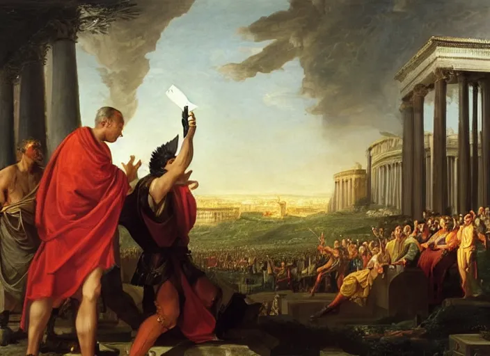 Image similar to julius caesar taking a selfie with an iphone as rome burns behind him by thomas cole and wlop