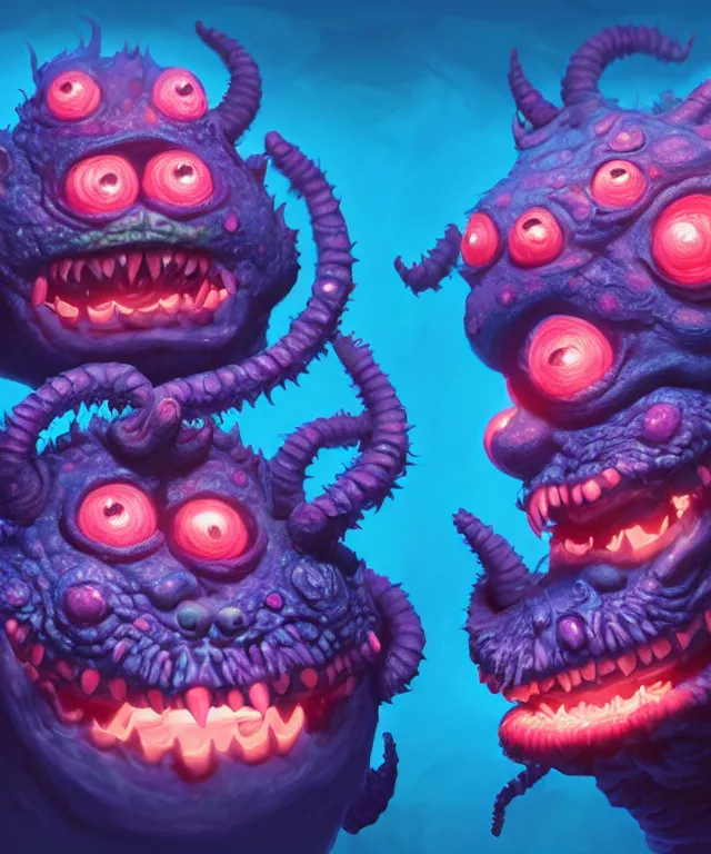 Prompt: a two headed xanathar made of bioluminescence in the art style of monsters inc, crisp 8 k line art, digital painting, artstation, unreal engine, octane render, emissive lighting, concept art, matte, sharp focus, hyper realistic lighting, illustration, deep royal blue and pink color scheme, art by josan gonzalez