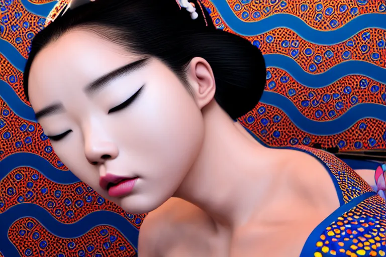 Prompt: hyperrealistic detailed image of a geisha laying in a art installation room, hd smooth interior by yayoi kusama, part by kei mieno, part by alex gray, part by ross tran, part by james jean, ultra realistic, highly detailed, life like face, detailed body, 8 k, octane render, trending on artstation, very cohesive, masterpiece