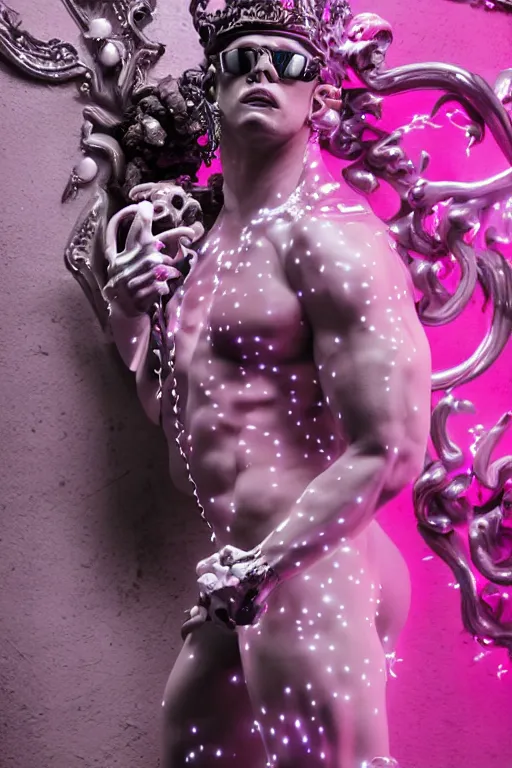 Image similar to full-body rococo and cyberpunk style neon statue of a muscular attractive Camilo wearing cholo shades macho dotado e rico android sim roupa reclining con las piernas abertas e la piroca dura, ethereal white dripping tar, glowing white lasers, pink tigers, glowing eyes, silver prince crown, black gears, pink diamonds, swirling mint-colored silk fabric. futuristic elements. full-length view. human skulls. large intricate artwork by caravaggio. Trending on artstation, octane render, cinematic lighting from the right, hyper realism, octane render, 8k, depth of field, 3D