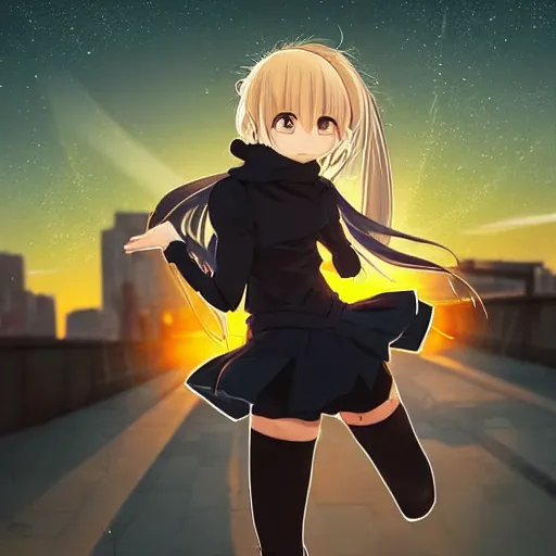 Image similar to Astonishing Pixiv 8K Splash art of an Anime Key Visual Pinterest loli with blond hair and cute pigtails who wears a blue coat with a hood and black shorts when practicing parkour through a big modern city in twilight from Unsplash. She does a superhero pose against a cinematic dark scene of an HDR sunset with faint orange light in Studio Ghibli style. Amazing piece Trending on Artstation and DeviantArt, dynamic lighting,