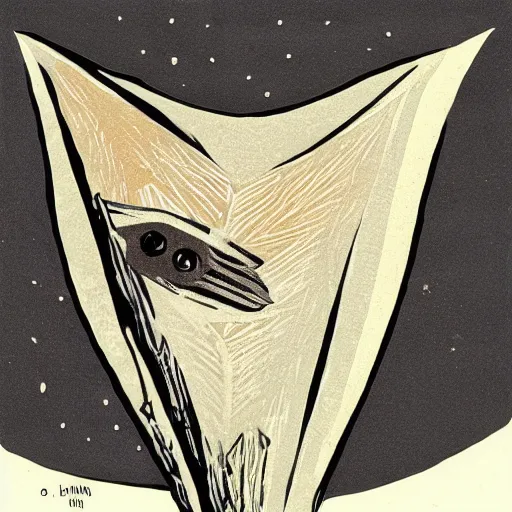 Prompt: smiling little brown bat, futurism, linocut