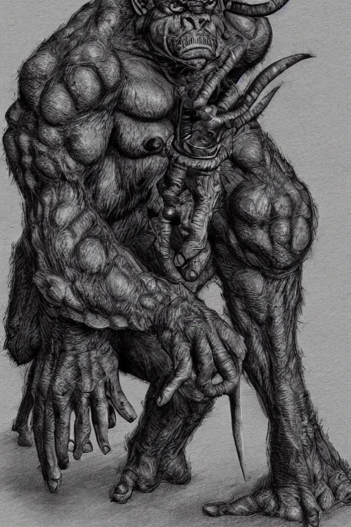 Image similar to humanoid hunched figure troll with 1 horn, ogre, ape, highly detailed, digital art, sharp focus, trending on art station, kentaro miura manga art style