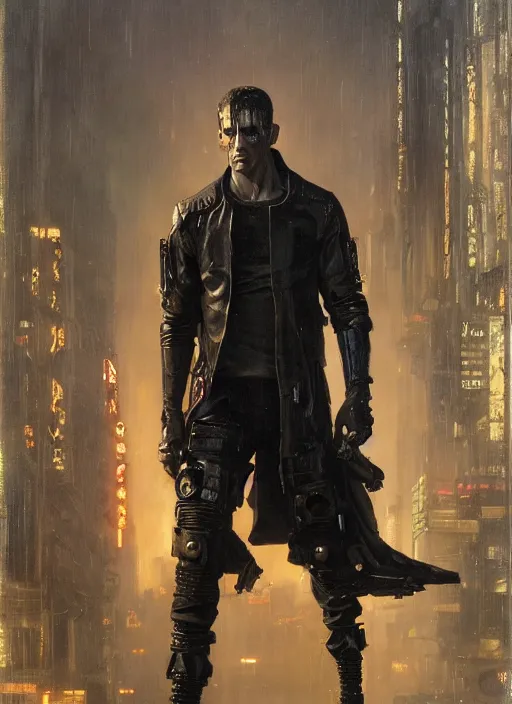 Image similar to frankenstein as a cyberpunk mercenary in a cyberpunk stealth suit ( blade runner 2 0 4 9, cyberpunk 2 0 7 7 ). orientalist portrait by john william waterhouse and james gurney and theodore ralli and nasreddine dinet, oil on canvas. cinematic, hyper realism, realistic proportions, dramatic lighting, high detail 4 k