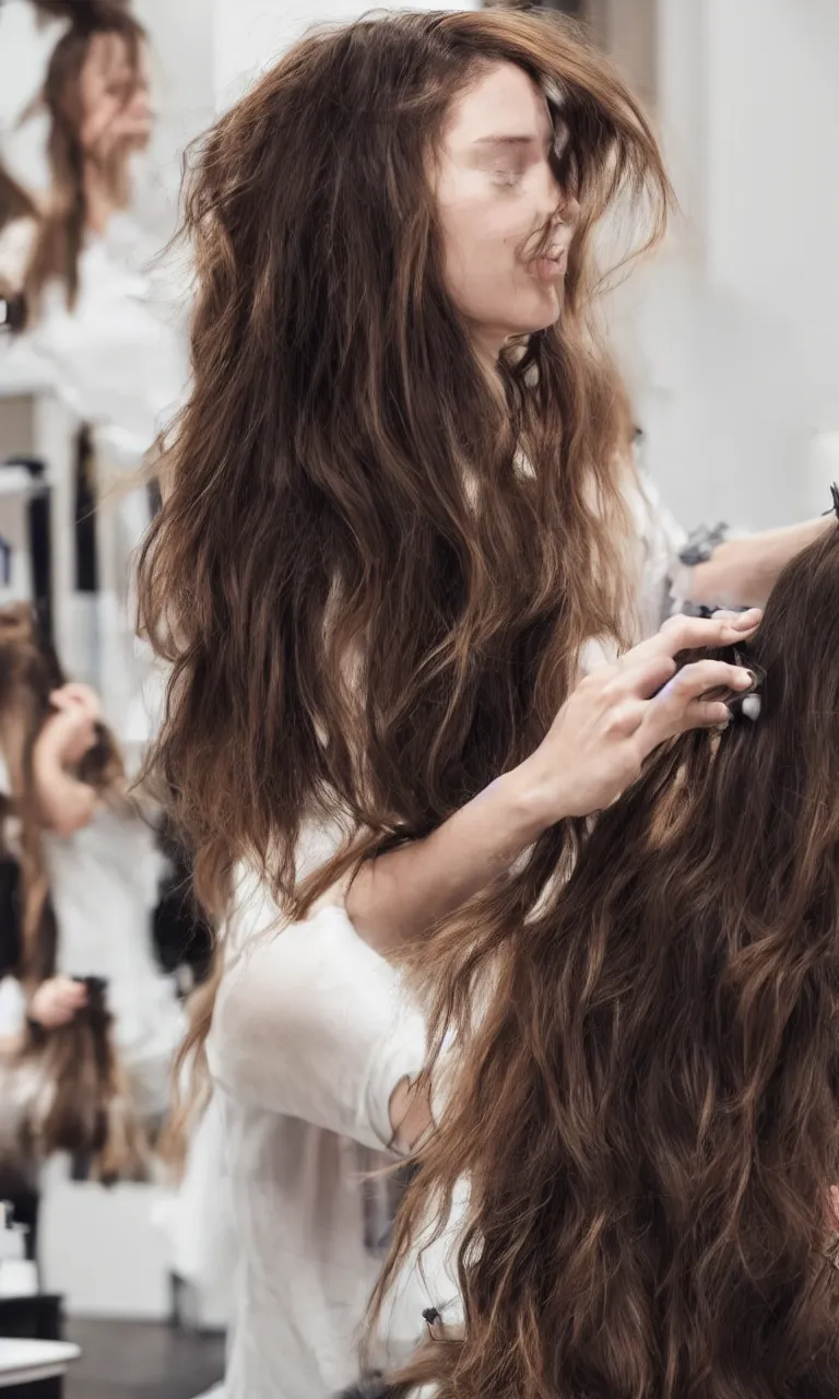 Image similar to woman with long hair getting haircut, studio, hair blog