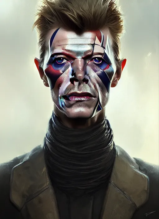 Image similar to portrait of a david bowie cyborg, victorian, concept art, detailed face, fantasy, close up face, highly detailed, cinematic lighting, digital art painting by greg rutkowski