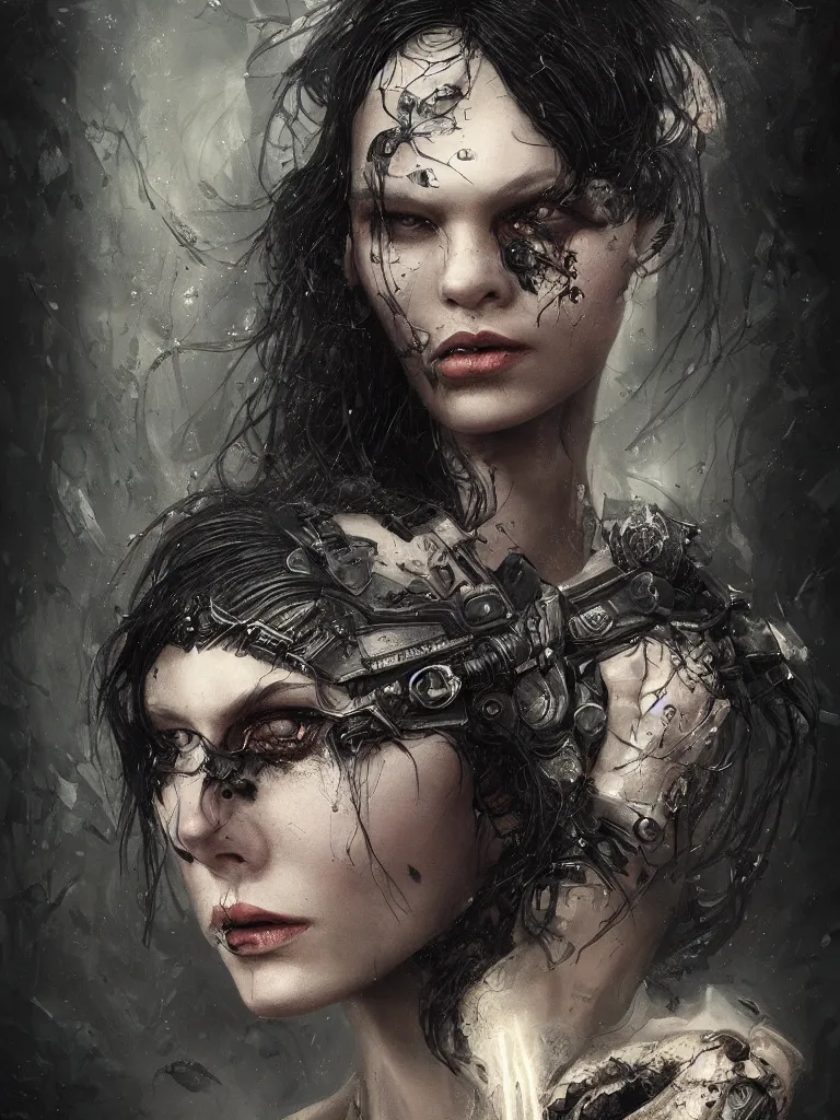 Prompt: a hardcore portrait of a dark sombre woman, hyperrealistic, highly detailed, intricate, sci-fi, sharp focus, trending on Artstation HQ, deviantart, unreal engine 5, 4K UHD image, in the style of Tom Bagshaw, Cedric Peyravernay, Peter Mohrbacher
