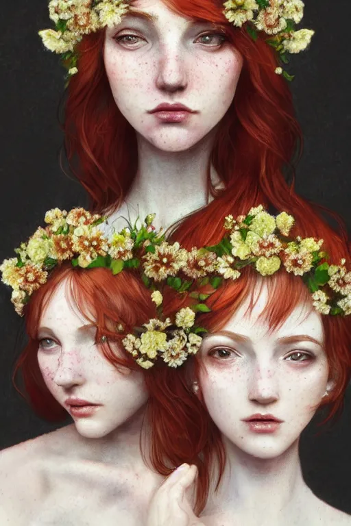 Prompt: Masterpiece, ethereal portrait of 2 beautiful red haired girls with freckles, wearing a flower headpiece, porcelain skin, cinematic lighting, photo realistic, highly detailed, maya, digital painting, artstation, concept art, sharp focus, illustration, by Mucha