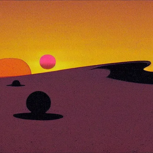 Prompt: tatooine landscape by jean giraud, moebius, sunset