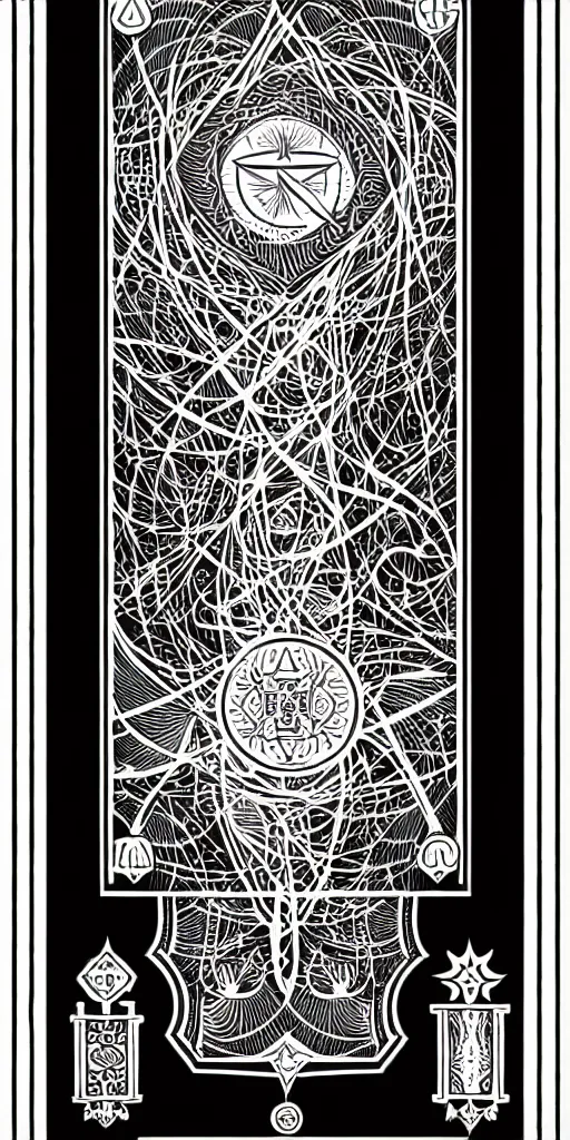 Image similar to a beautiful black and white fractal tarot card featuring bold occult imagery with clean lines. circuit board. detailed adult coloring book