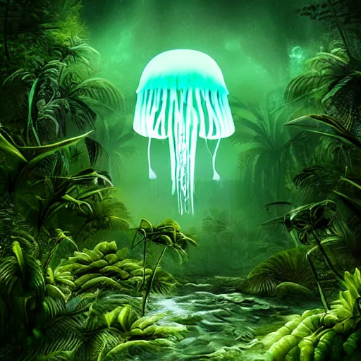 Image similar to floating luminescent jellyfish in an alien nocturnal jungle, matte painting, landscape, mysterious