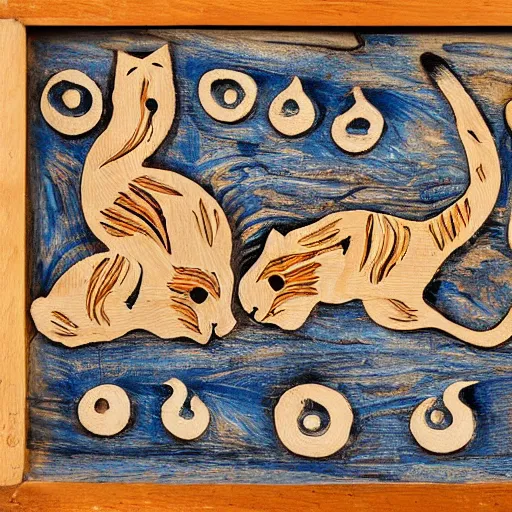 Image similar to kashmire motif of cats dissolving, made of wood