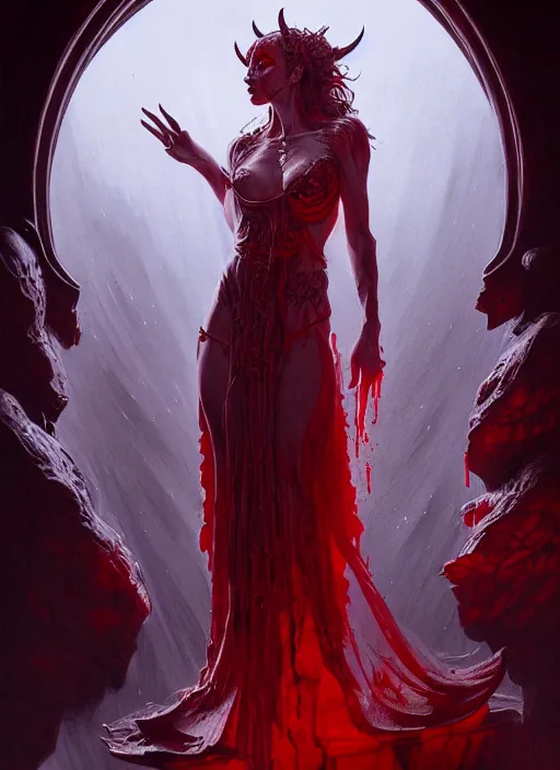 Prompt: portrait of a beautiful demon in a flowing dress made of blood, carving glowing bloody runes into a profane altar, intricate, elegant, highly detailed, digital painting, artstation, concept art, smooth, sharp focus, illustration, art by wlop, mars ravelo and greg rutkowski