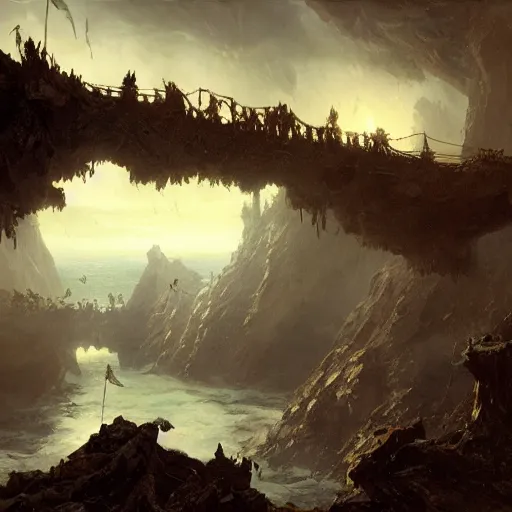 Prompt: a rope bridge over a dark chasm, flying piles of bones, matte painting, fantasy art, by greg rutkowski, by andreas achenbach,