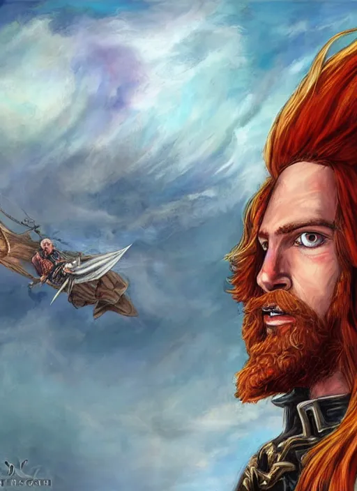 Prompt: an epic fantasy comic book style portrait painting of a long haired, red headed male sky - pirate in front of an airship in the style of the farseer series