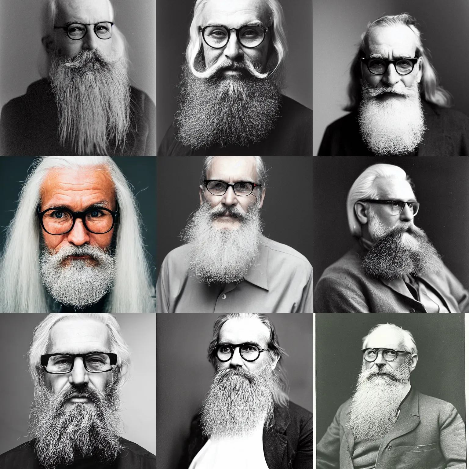 Prompt: man in his 5 0 s with long white hair, a long white chin beard without mustache and small round glasses