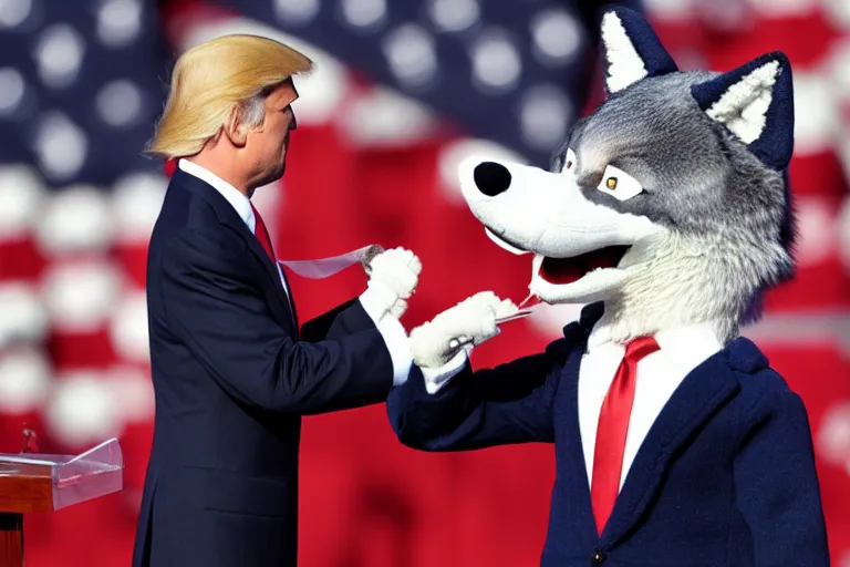 Image similar to photo of the usa presidential inauguration, a wolf fursuiter being inaugurated as president