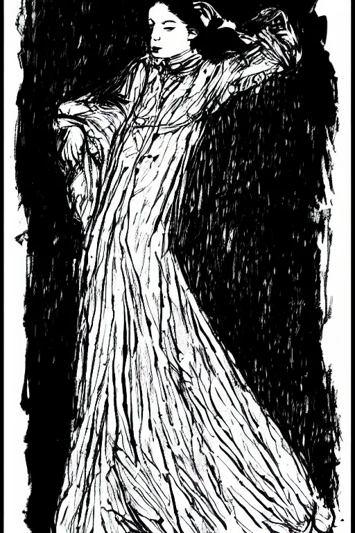 Prompt: ink lineart drawing of beautiful woman in a nightgown, white background, etchings by goya, chinese brush pen illustration, high contrast, deep black tones, contour