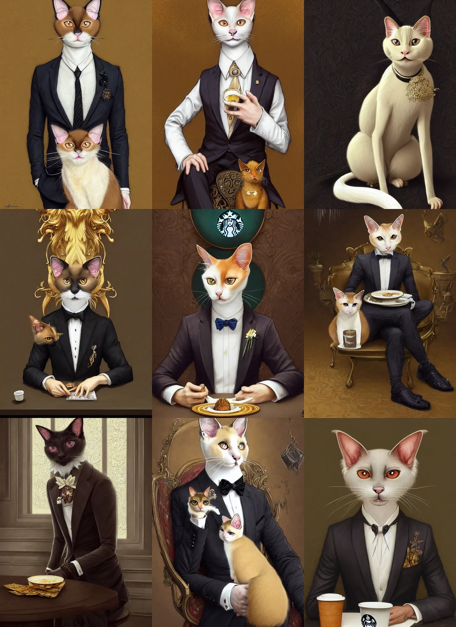 Prompt: full body photograph of a male anthropomorphic balinese cat fursona wearing a nice suit sitting in a starbucks, deep focus, intricate, elegant, highly detailed, digital painting, artstation, concept art, matte, sharp focus, illustration, d & d, fantasy, hearthstone, art by artgerm and greg rutkowski and alphonse mucha