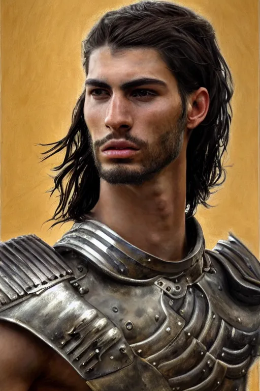 Image similar to a photorealistically painted portrait of a rugged young man, partially clothed in metal-plated battle armor, with an abstractly painted background, flawless olive skin, fair complexion, long dark hair, beautiful bone structure, perfectly symmetric facial features, perfect photorealistic eyes, muscular physique, intricate, elegant, digital painting, concept art, finely detailed, beautifully illustrated, sharp focus, minimal artifacts, volumetric lighting, from DOOM and Halo, by Ruan Jia and Mandy Jurgens and Artgerm and William-Adolphe Bouguerea, in the style of Greg Rutkowski, trending on Artstation, award winning art