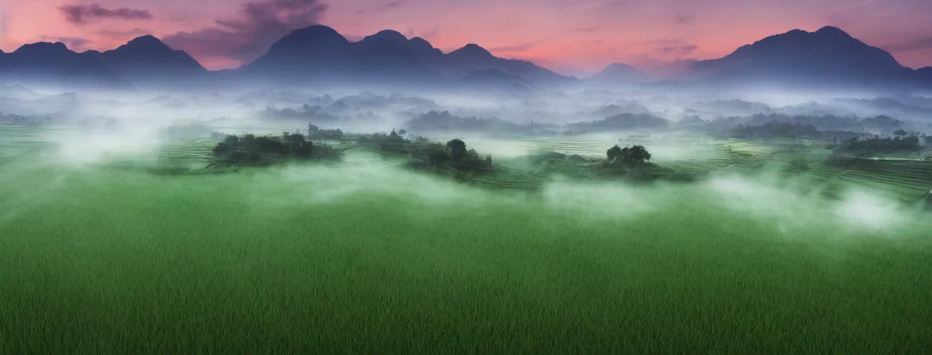 Image similar to Photo of paddy field of Baling with several village and rolling mountain at the background, wide angle, volumetric light, fog, mist, morning, hyperdetailed, light water, artstation, cgsociety, 8k