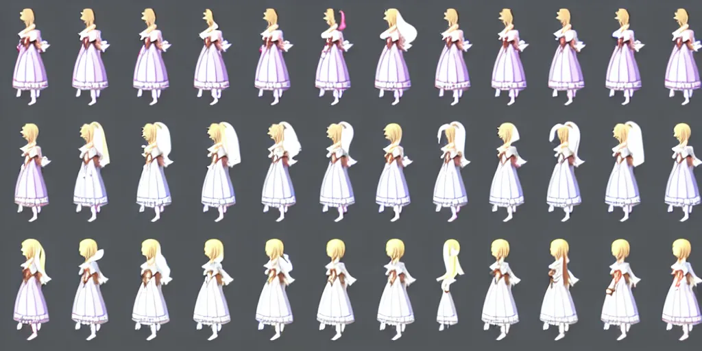 Prompt: walking animation sprite sheet of a girl in a renaissance dress, walking to the right, each sprite is a different frame of the animation, in the style of final fantasy games