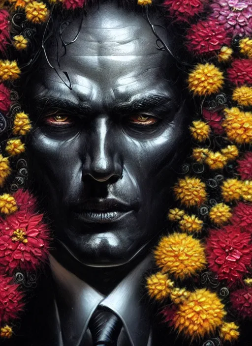 Image similar to an man in a black suit with a head made of flowers, intricate, highly detailed, concept art, hyperrealistic, oil painting by greg staples, 8 k