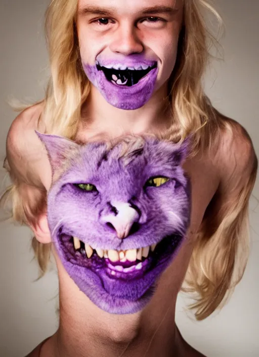 Image similar to blonde young guy with scary smile and completely purple catlike eyes
