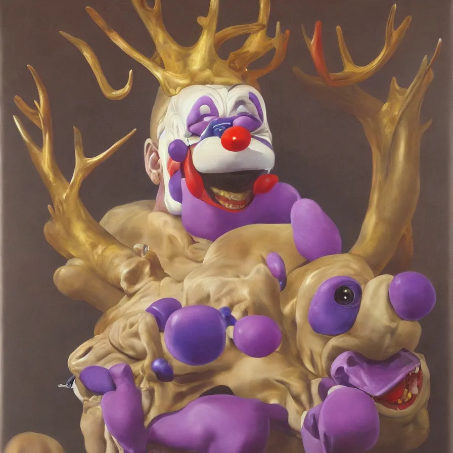 Image similar to rare hyper realistic painting by italian masters, symmetrical composition, studio lighting, dimly lit purple room, a blue rubber duck with antlers laughing at a giant laughing white bear with a clown mask