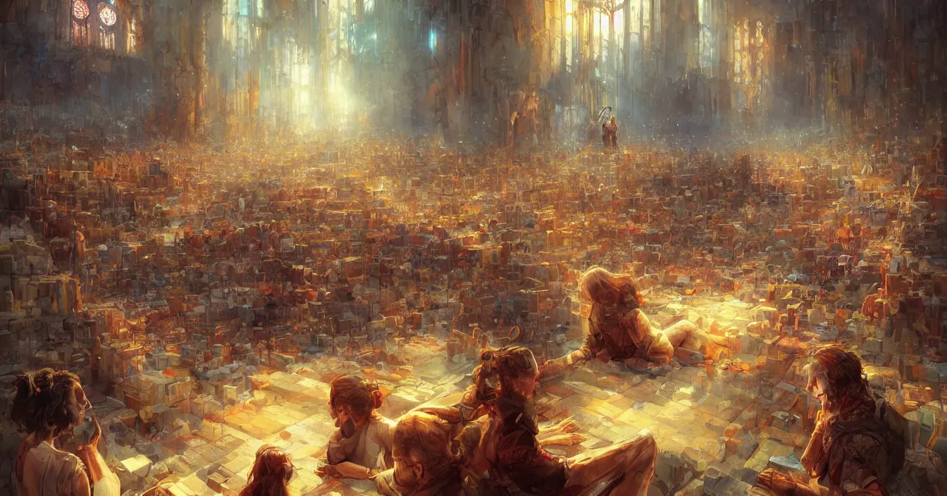 Prompt: Imagination of human souls sitting in cinema like room and watch very interested bright warm light of consciousness projecting their lives on the big wide screen, realistic, deep sense of spirituality, life meaning, meaning of physical reality, calm atmosphere, by Marc Simonetti