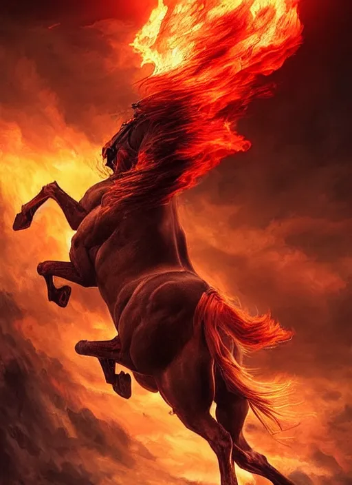 Prompt: the first singular horseman of the apocalypse riding a strong big red stallion, horse is running, the rider carries a large sword, flames from the ground, artwork by artgerm and rutkowski, breathtaking, dramatic, full view