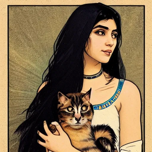 Prompt: cute emo egyptian woman, with long dark hair, thick eyebrows!!! dark eyes and dark circles!, wide nose!!!, big eyes, oval face shape, big cheeks!, she is holding a cat in her arms, by juan villafuerte, greg rutkowski and alphonse mucha, pexels contest winner, high quality photo, hd rtx