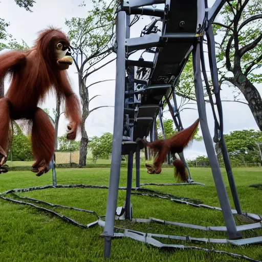 Image similar to publicity photo released by boston dynamics of its prototype robotic orangutan leaping or swinging or climbing in an obstacle - course while engineers are taking notes.