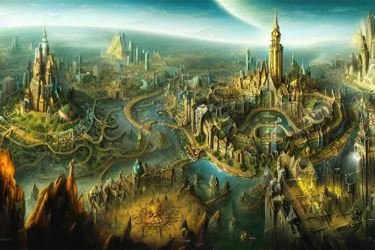 Prompt: a beautiful stunning insanely detailed fantasy matte painting of a magical mythical city buzzing with activity by Heironymous Bosch and Jim Burns