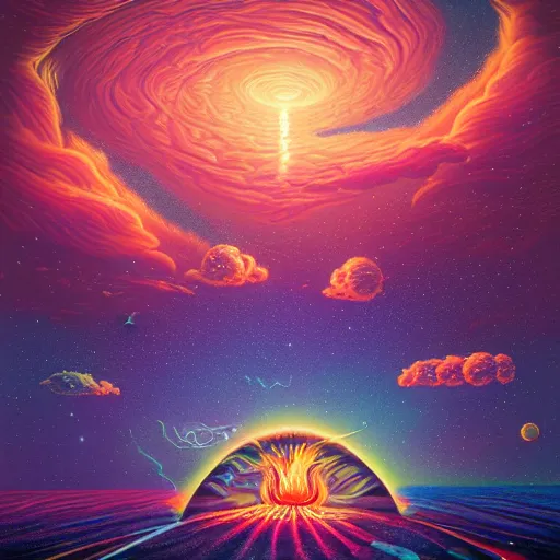 Image similar to ultradetailed matte painting of serene milky way and exploding nebulas with nebullae made out of flaming in shore by beeple, alex grey, charles schulz, dr. seuss, roberto da matta and rhads, featured on artstation