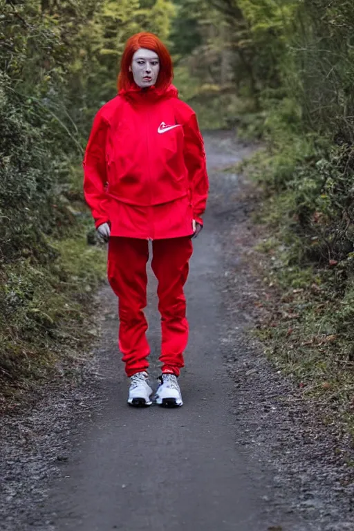 Prompt: beautiful red haired british woman in techwear, techwear look and clothes, Nike ACG, ACRNYM, Errolson Hugh, Y3, trending on r/streetwear, outfit photo, we see them from head to toe