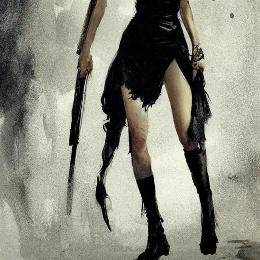 Image similar to eva green as yennifer, full body, dynamic pose, painted by greg rutkowski