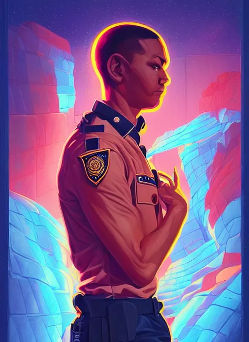 Image similar to burning police officer in sci fi prison, tristan eaton, victo ngai, artgerm, rhads, ross draws