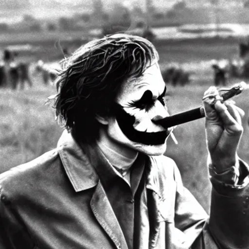 Prompt: photograph of the joker smoking a bong at woodstock, circa 1 9 6 9