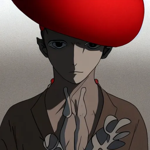 Image similar to 4K headshot of mothman with a mushroom hat and rouch clothes with giant wings , intricate face , flawless anime cel animation by Manabu Oshashi and Satoshi Kon, professionally post-processed , beautiful, scary, symmetry accurate features, epic, octane rendered, anime masterpiece, accurate