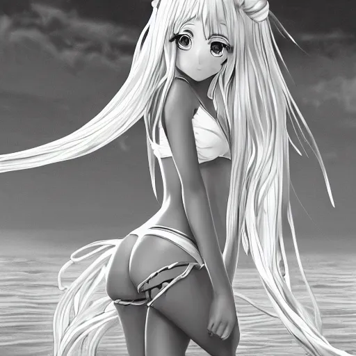 Prompt: very beautiful pencil drawing of an anime princess, black and white, full body, long braided curly blonde hair, twisted braids, golden watery eyes, full round face, short smile, pale pink bikini, serene beach setting, cinematic lightning, medium shot, mid-shot, highly detailed, trending on artstation, Unreal Engine 4k, cinematic wallpaper by Stanley Artgerm Lau, WLOP, Rossdraws, James Jean, Andrei Riabovitchev, Marc Simonetti, and Sakimichan