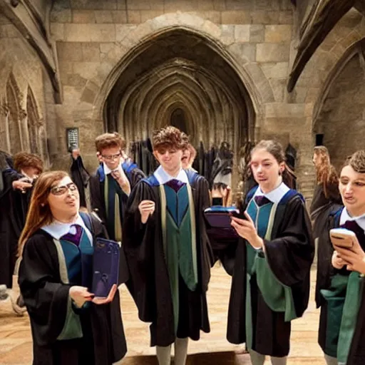 Image similar to Photo of Hogwarts students looking at their smartphones