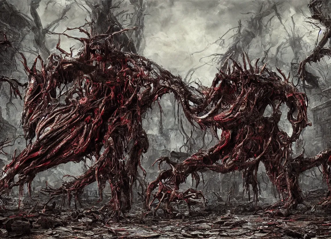 Image similar to Giant fanged limb monster walks in the road of the ruined city. Drops of blood and meat with veins on the road. Dark colors, high detail, hyperrealism, horror art, intricate details, masterpiece, biopunk, body-horror