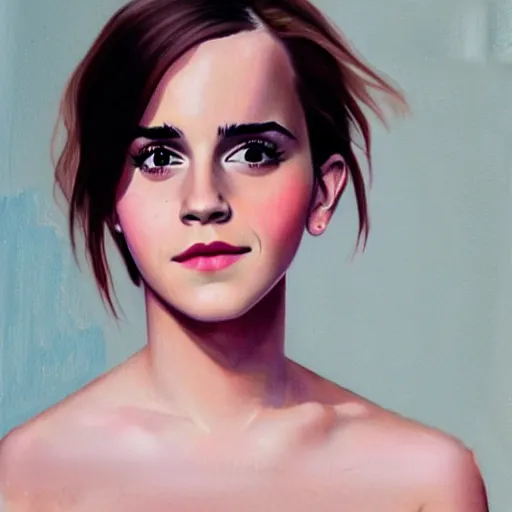 Prompt: A beautiful painting of Emma Watson with a faint pink tint in her cheeks. Her eyes are looking towards the left, and she wears a small possibly amused smile. by Raphael