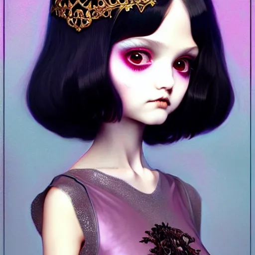 Image similar to beautiful goth princess, very cute features, brilliant glittering hair, universal volumetric lighting, soft glow, russian slasher film painting by range murata, norman rockwell, artgem, wes anderson, highly detailed intricately sharp focus, trending on pinterest, unreal engine 5 4 k uhd image