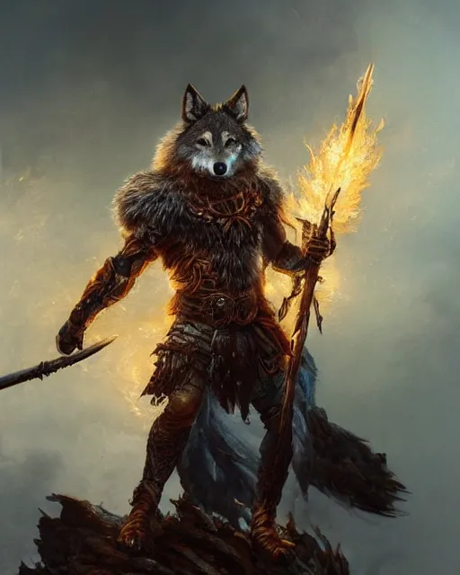 Image similar to oil painting of Anthropomorphized Wolf Warrior holding fire sword, wearing intricate fur armor, sharp focus, magical aura, heroic pose, fantasy style, octane render, volumetric lighting, 8k high definition, by greg rutkowski, highly detailed, trending on art Station, magic the gathering artwork, magical Battlefield backround, centered