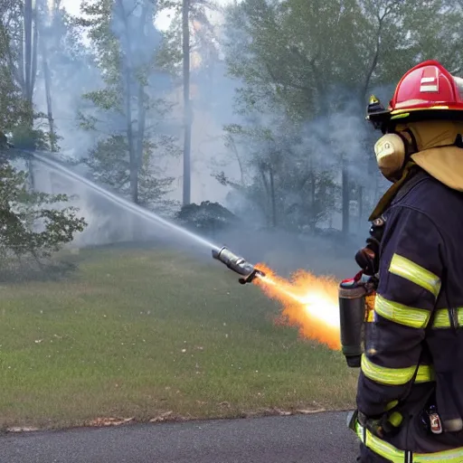 Prompt: a firefighter extinguishing a fire with a flamethrower