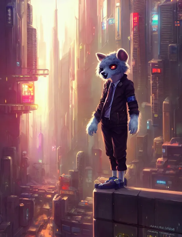 Prompt: cute young anthropomorphic furry in cyberpunk city | | cute - fine - face, pretty face, key visual, realistic shaded perfect face, fine details by stanley artgerm lau, wlop, rossdraws, james jean, andrei riabovitchev, marc simonetti, and sakimichan, trending on artstation