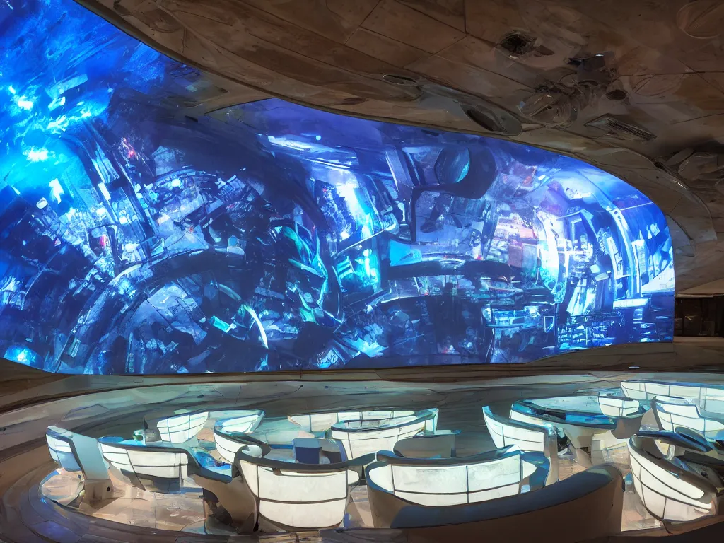 Image similar to visor with curved translucent screens projecting detailed sci - fi art ( 2 0 4 2 ), pixel perfect photograph, high contrast, volumetric lighting, thin glowing lights, underwater, chairs, users, pair of keys