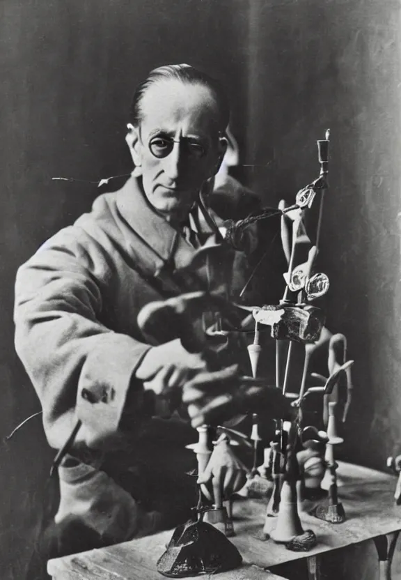 Image similar to marcel duchamp holding up a chess - piece wire - machine, a surrealist painting by marcel duchamp, complex artificial - intelligence machinery, flickr contest winner, studio portrait, 1 9 2 0 s